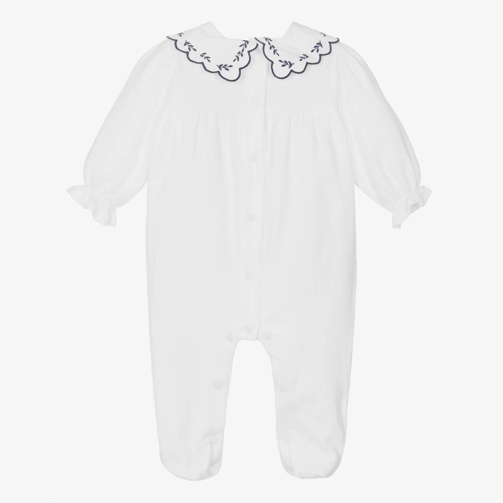 Patachou-Girls White Cotton Babygrow with Navy Blue Embroidery | Childrensalon