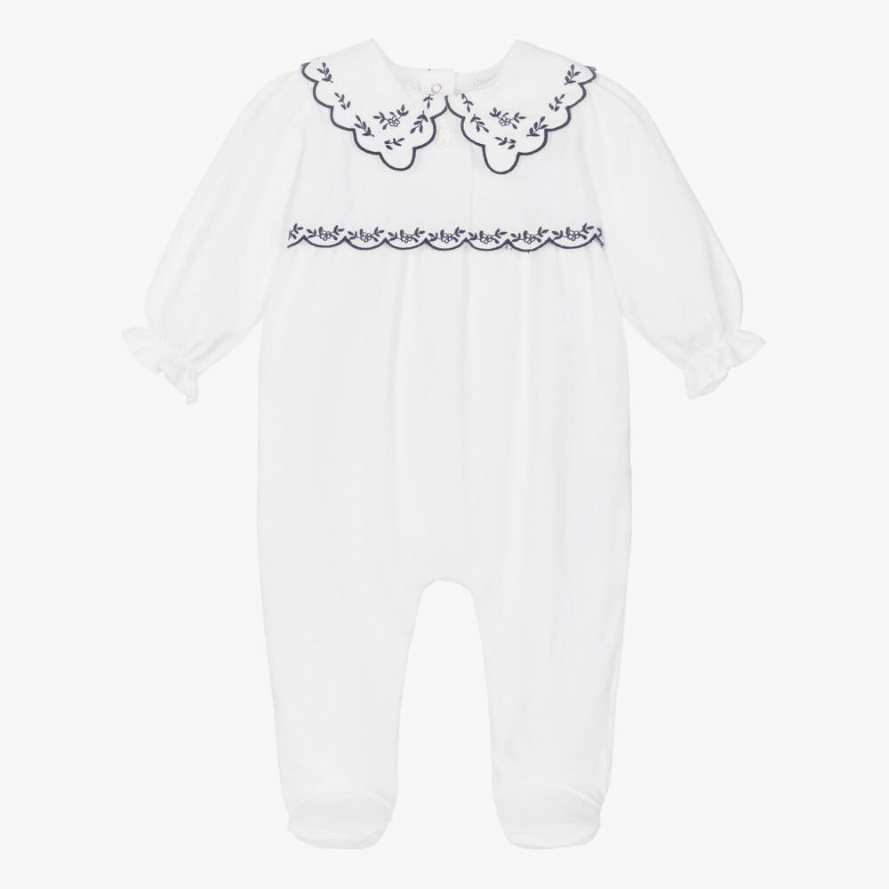 Patachou-Girls White Cotton Babygrow with Navy Blue Embroidery | Childrensalon
