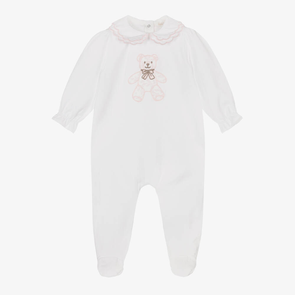 Patachou-Girls White Cotton Babygrow with Toile De Jouy Teddy Bear | Childrensalon