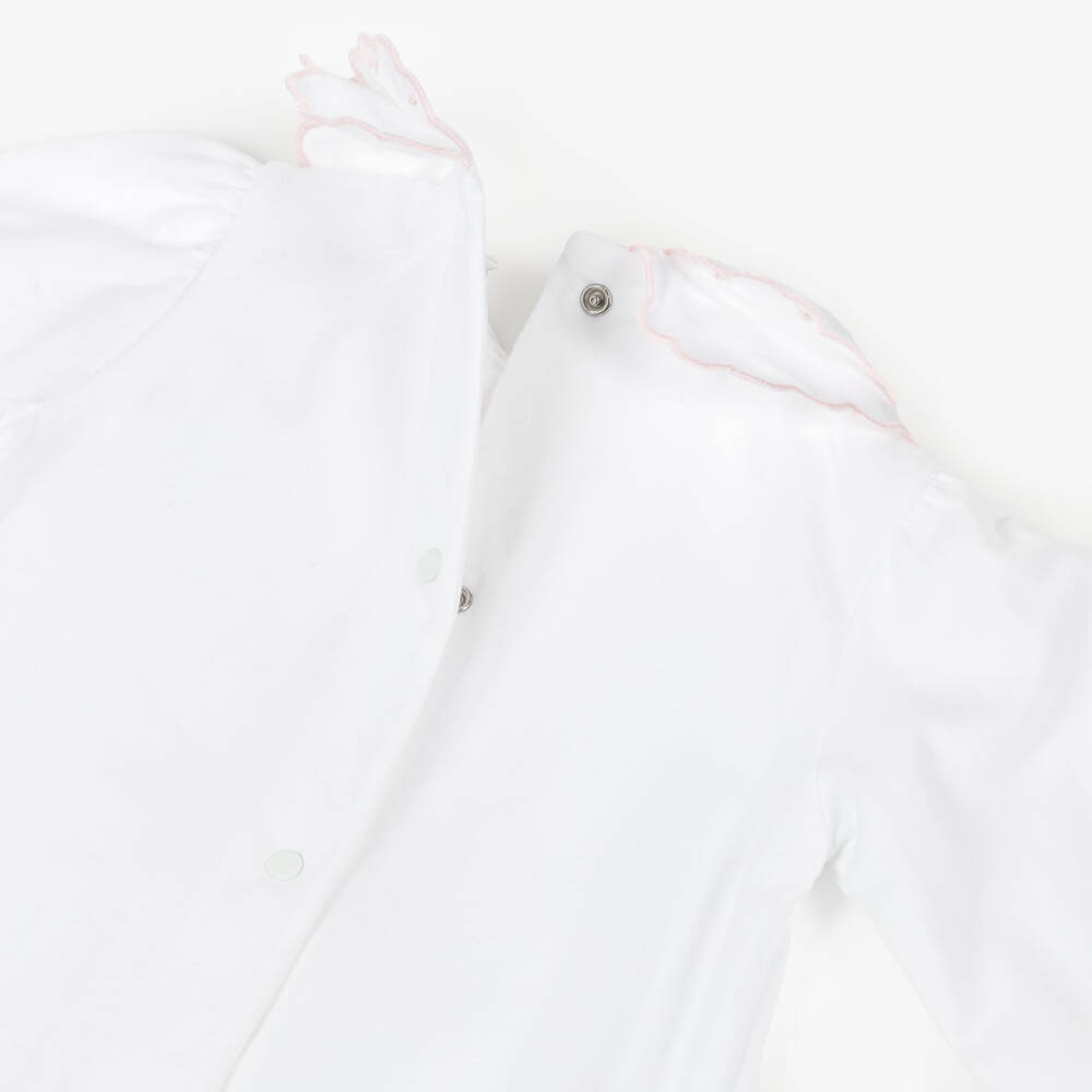 Patachou-Girls White Cotton Babygrow with Toile De Jouy Teddy Bear | Childrensalon