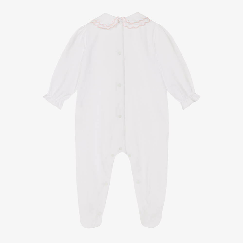 Patachou-Girls White Cotton Babygrow with Toile De Jouy Teddy Bear | Childrensalon