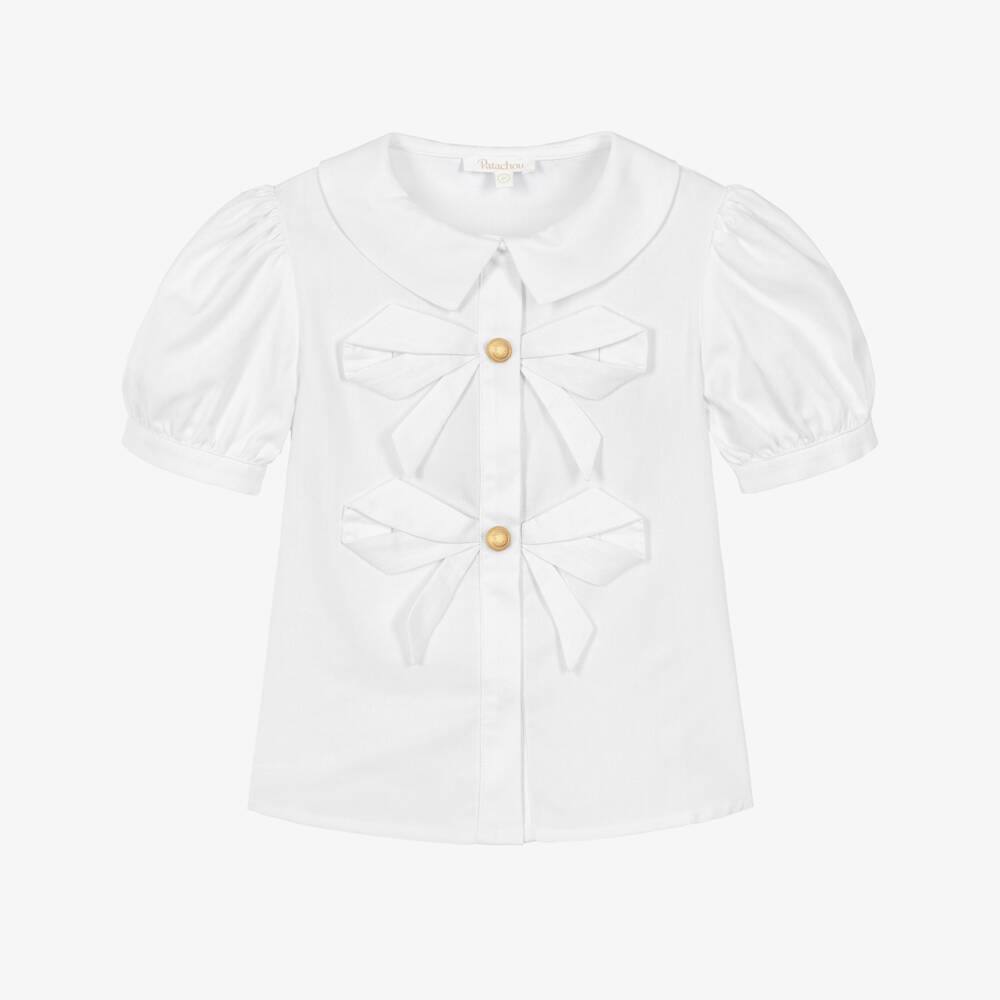 Patachou-Girls White Cotton Blouse with Bows & Crest Buttons | Childrensalon