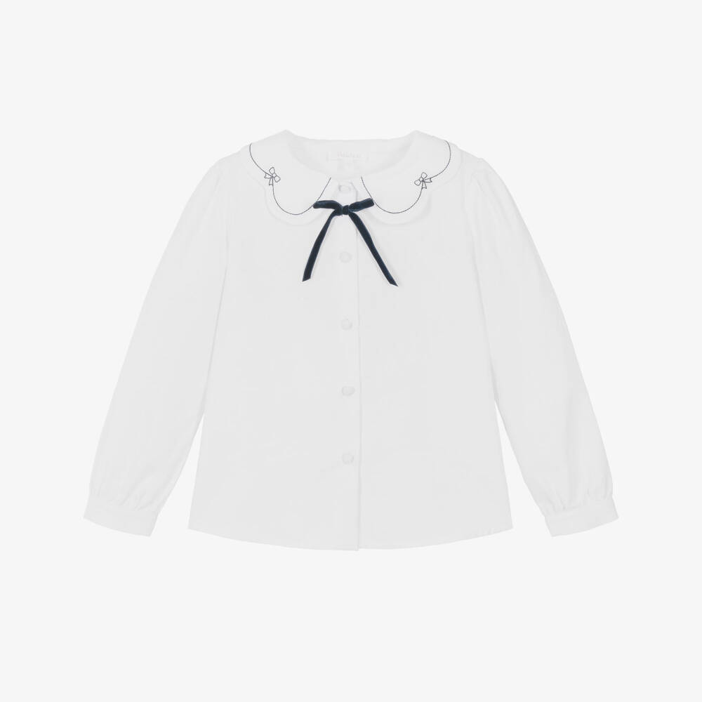 Patachou-Girls White Cotton Blouse with Embroidered Collar  | Childrensalon