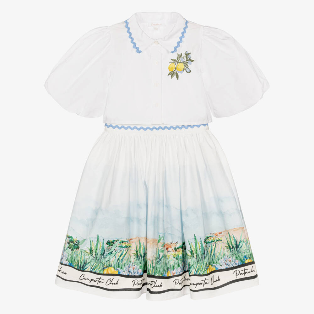 Patachou-Girls White Cotton Comporta Club Print Skirt Set | Childrensalon