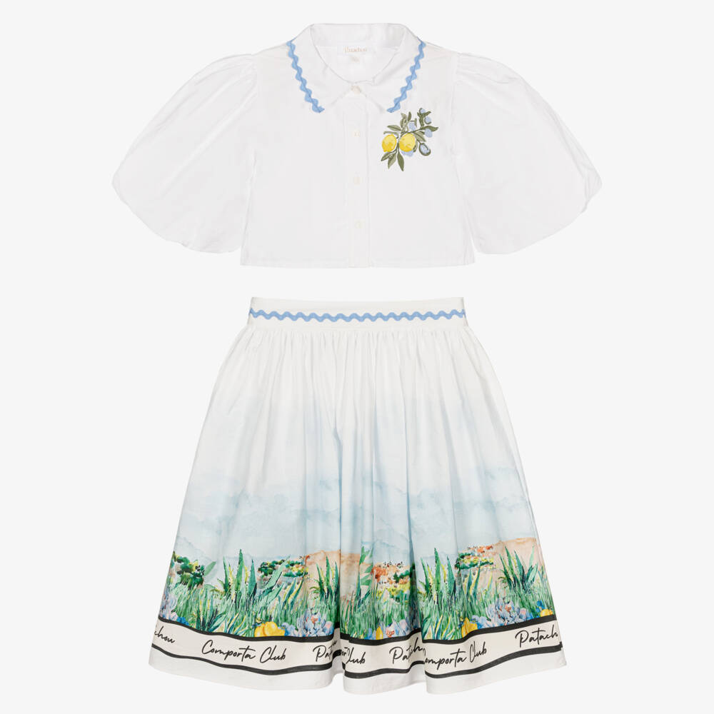 Patachou-طقم تنورة قطن لون أبيض للبنات | Childrensalon
