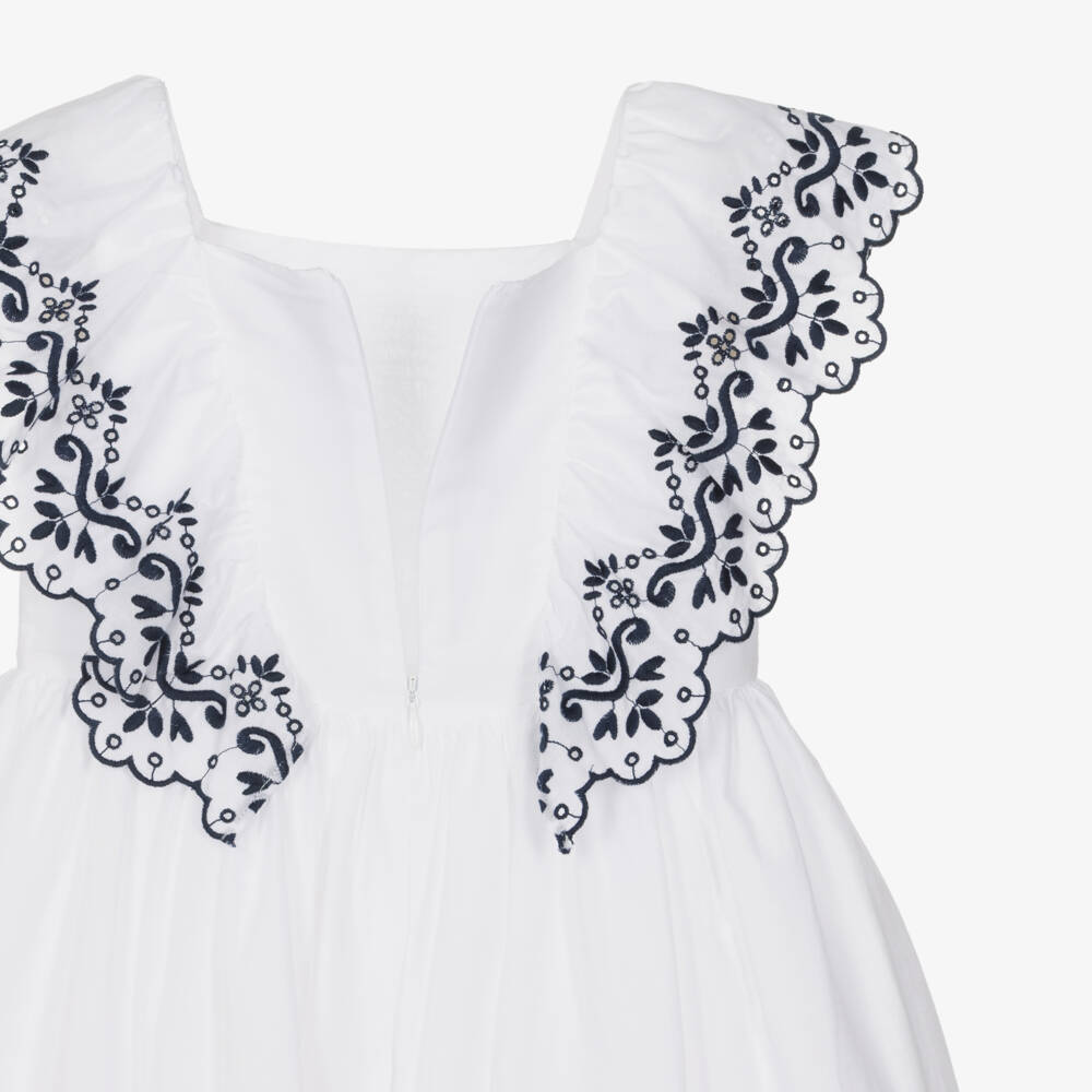 Patachou-Girls White Cotton Dress with Navy Blue Embroidered Ruffles | Childrensalon