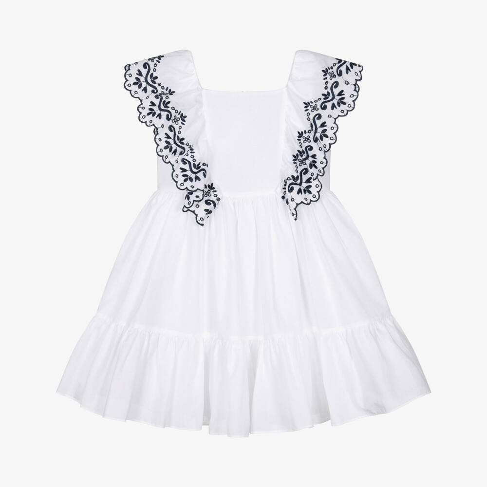 Patachou-Girls White Cotton Dress with Navy Blue Embroidered Ruffles | Childrensalon