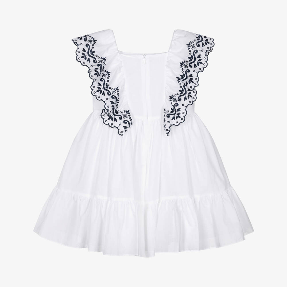 Patachou-Girls White Cotton Dress with Navy Blue Embroidered Ruffles | Childrensalon