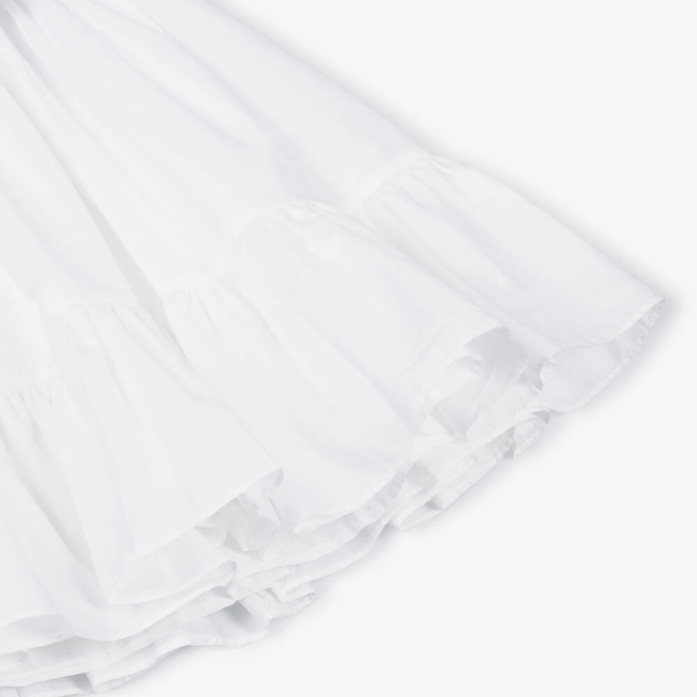 Patachou-Girls White Cotton Dress with Navy Blue Embroidered Ruffles | Childrensalon