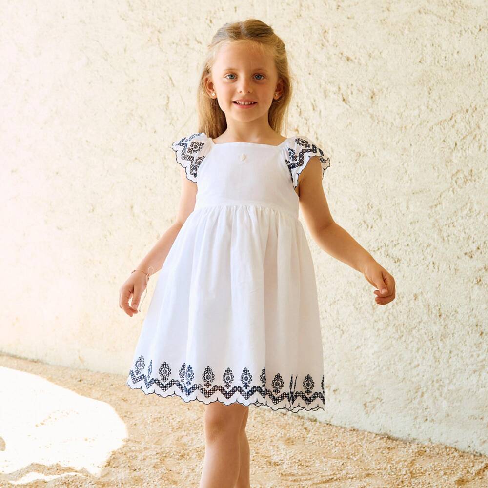 Patachou-Girls White Cotton Dress with Navy Blue Embroidery | Childrensalon