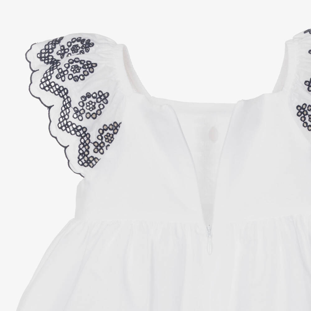 Patachou-Girls White Cotton Dress with Navy Blue Embroidery | Childrensalon