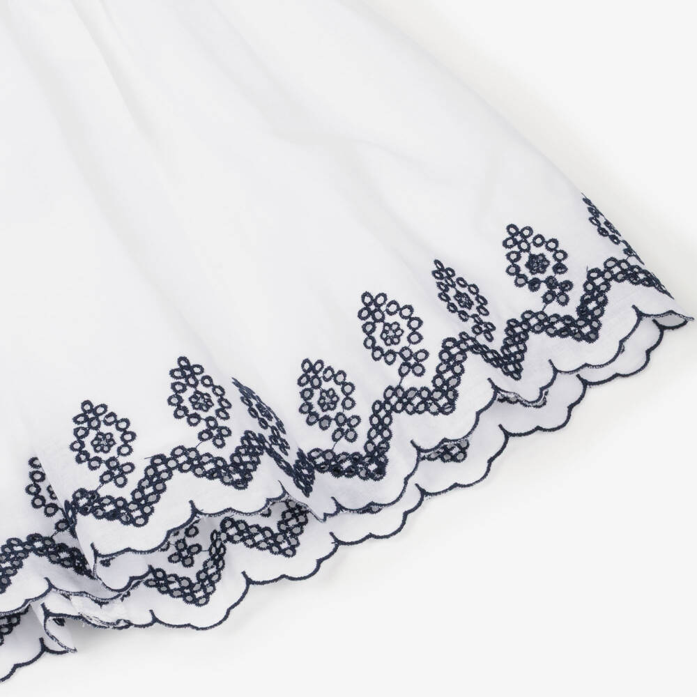 Patachou-Girls White Cotton Dress with Navy Blue Embroidery | Childrensalon