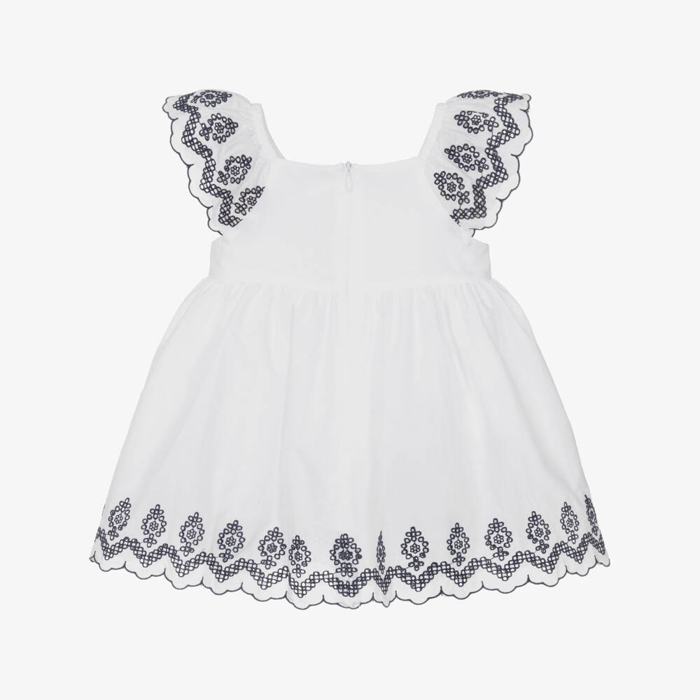 Patachou-Girls White Cotton Dress with Navy Blue Embroidery | Childrensalon