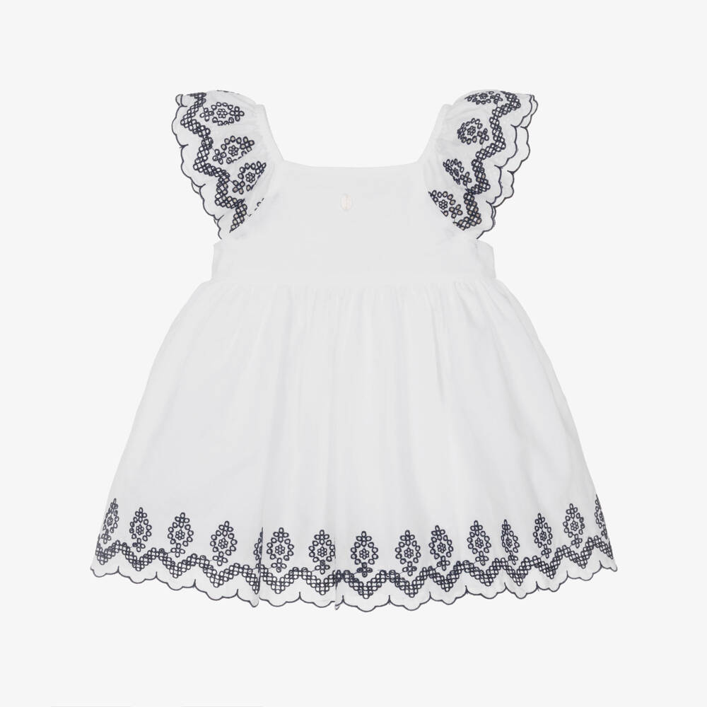 Patachou-Girls White Cotton Dress with Navy Blue Embroidery | Childrensalon