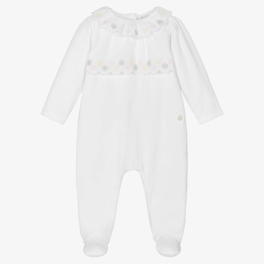 Patachou-Girls White Cotton Jersey Babygrow with Embroidered Trim | Childrensalon