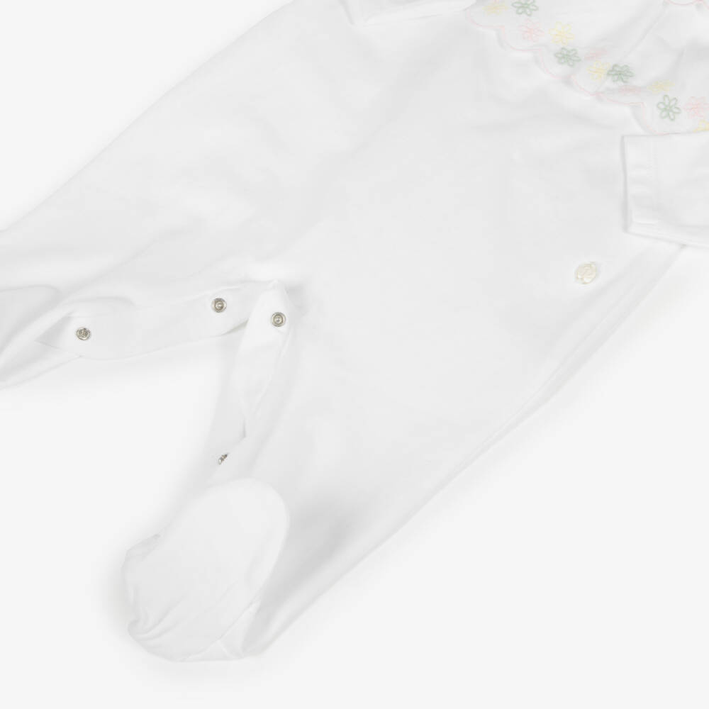 Patachou-Girls White Cotton Jersey Babygrow with Embroidered Trim | Childrensalon
