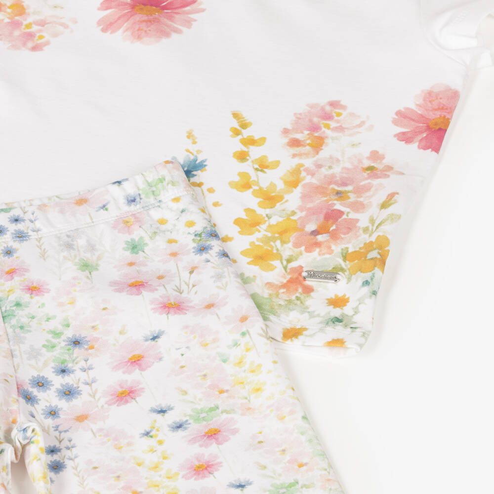 Patachou-Girls White Cotton Leggings Set with Colourful Floral Prints | Childrensalon