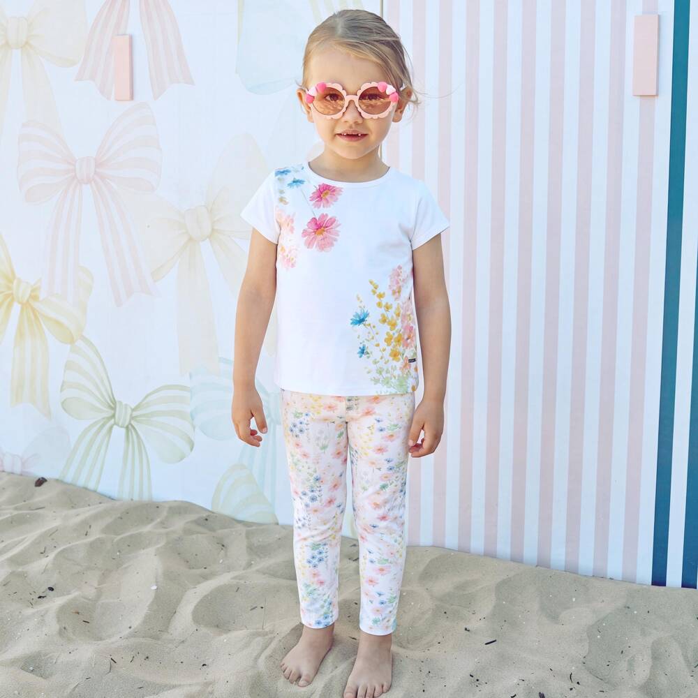 Patachou-Girls White Cotton Leggings Set with Colourful Floral Prints | Childrensalon