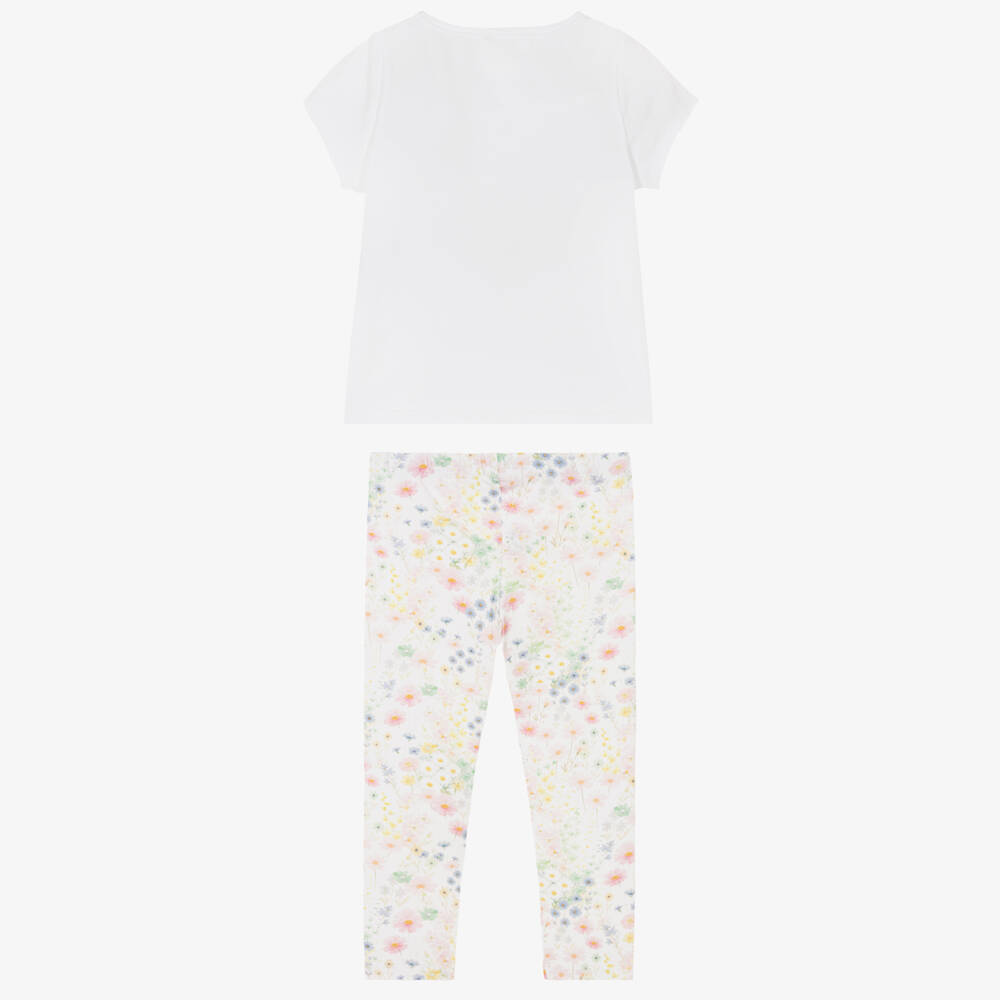 Patachou-Girls White Cotton Leggings Set with Colourful Floral Prints | Childrensalon