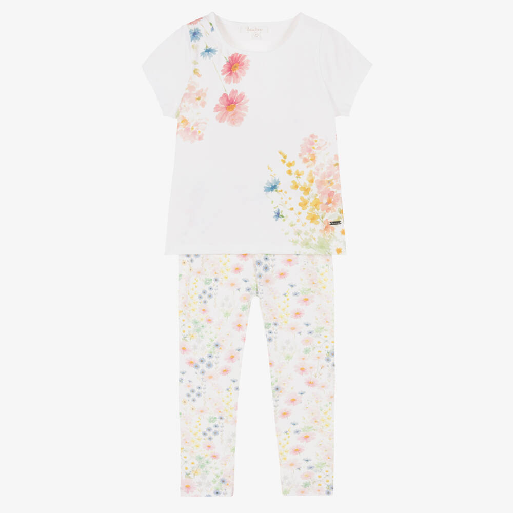 Patachou-Girls White Cotton Leggings Set with Colourful Floral Prints | Childrensalon