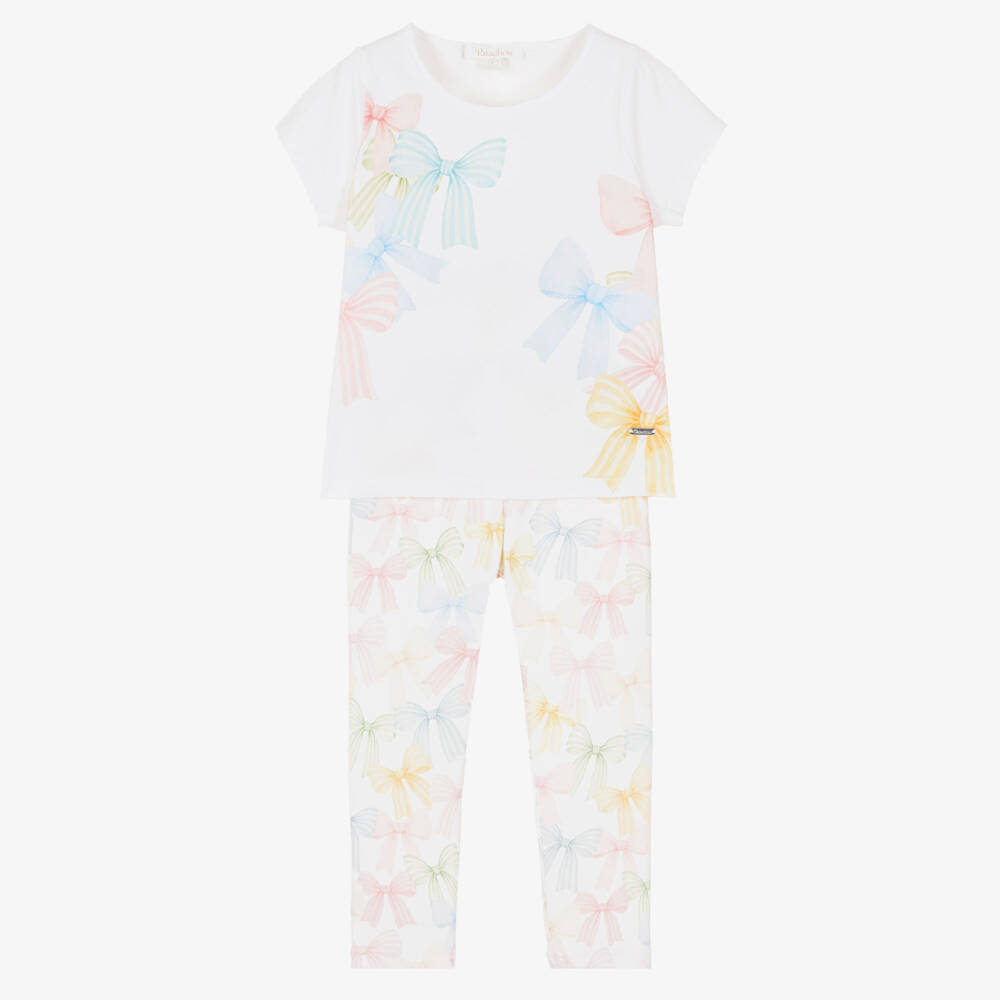 Patachou-Girls White Cotton Leggings Set with Pastel Bow Prints | Childrensalon