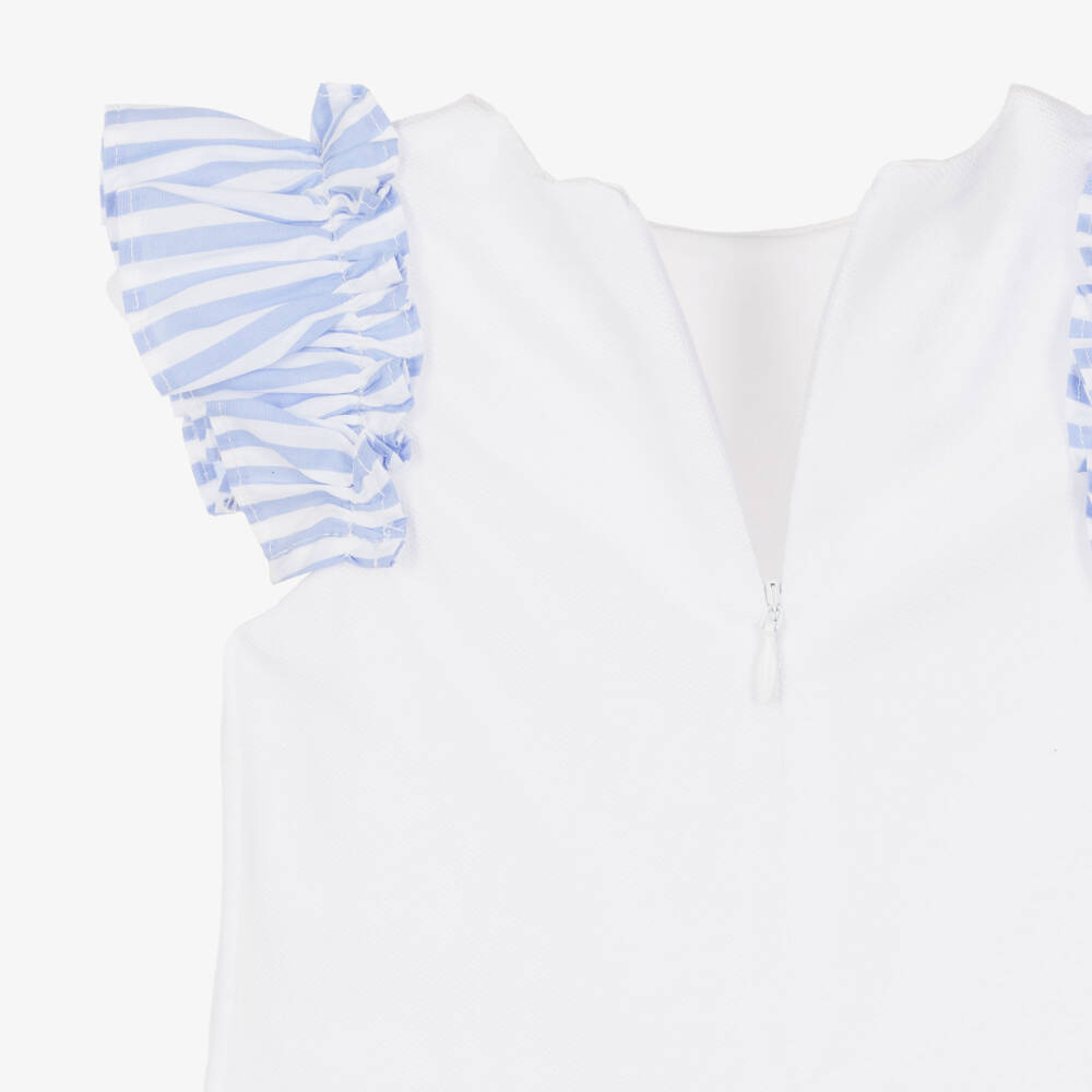 Patachou-Girls White Cotton Piqué Dress with Blue Striped Ruffle Trim | Childrensalon