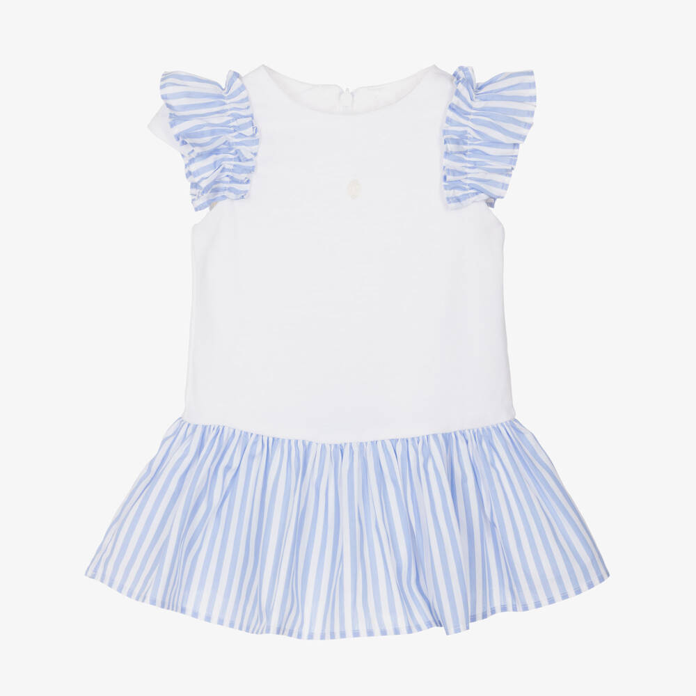 Patachou-Girls White Cotton Piqué Dress with Blue Striped Ruffle Trim | Childrensalon