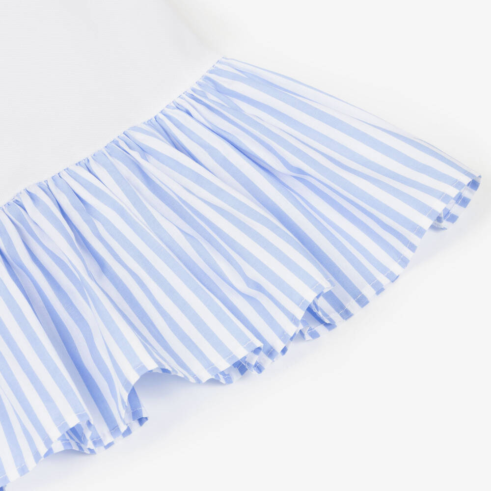 Patachou-Girls White Cotton Piqué Dress with Blue Striped Ruffle Trim | Childrensalon