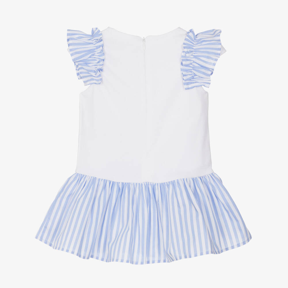 Patachou-Girls White Cotton Piqué Dress with Blue Striped Ruffle Trim | Childrensalon