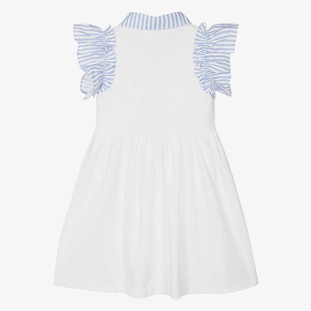 Patachou-Girls White Cotton Piqué Dress with Blue Striped Trim | Childrensalon