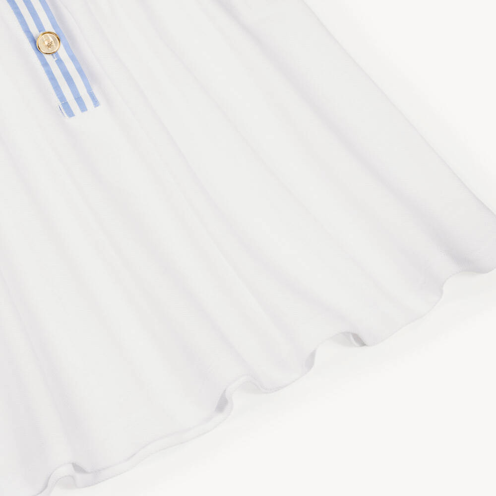 Patachou-Girls White Cotton Piqué Dress with Blue Striped Trim | Childrensalon