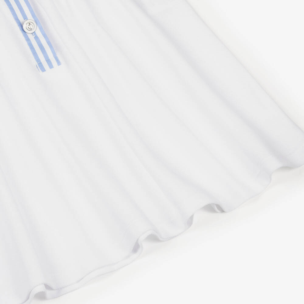 Patachou-Girls White Cotton Piqué Dress with Blue Striped Trim | Childrensalon
