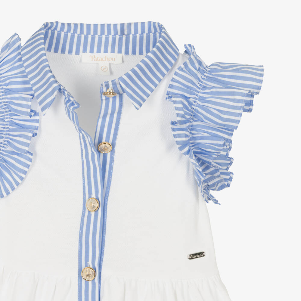 Patachou-Girls White Cotton Piqué Dress with Blue Striped Trim | Childrensalon