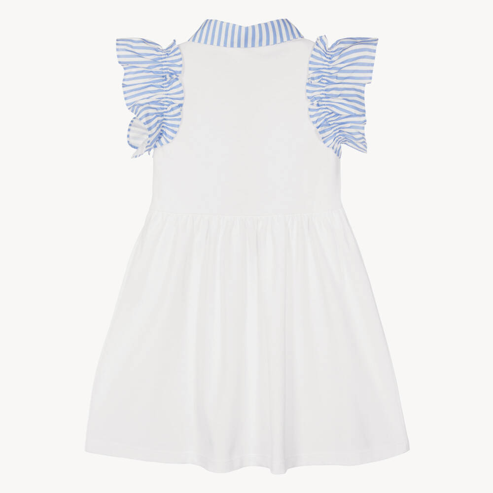 Patachou-Girls White Cotton Piqué Dress with Blue Striped Trim | Childrensalon