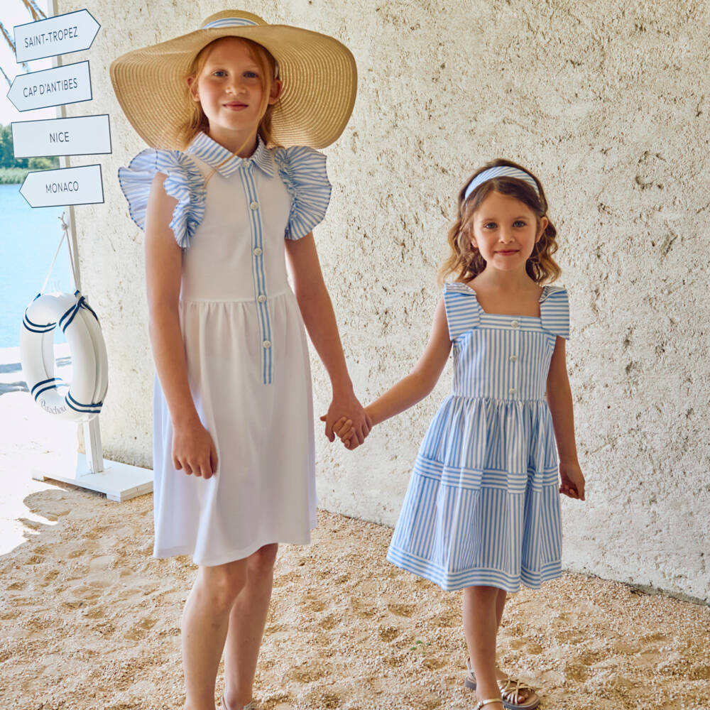 Patachou-Girls White Cotton Piqué Dress with Blue Striped Trim | Childrensalon