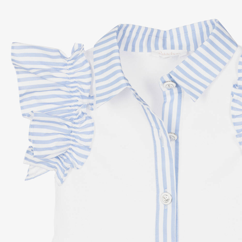 Patachou-Girls White Cotton Piqué Dress with Blue Striped Trim | Childrensalon