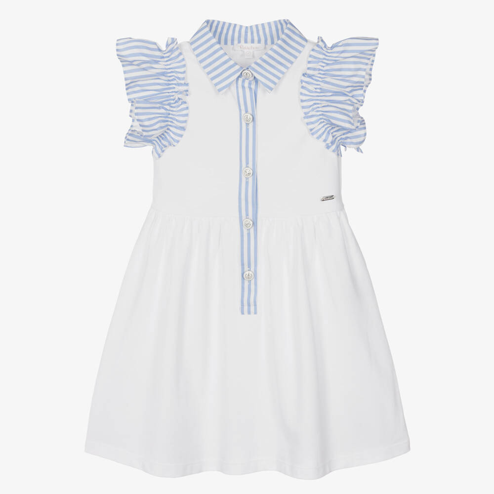 Patachou-Girls White Cotton Piqué Dress with Blue Striped Trim | Childrensalon