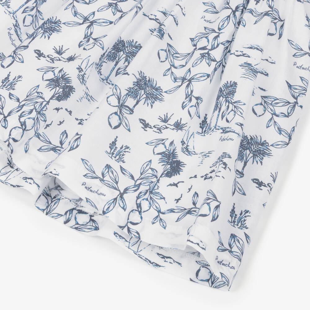 Patachou-Girls White Cotton Smocked Dress with Navy Blue Print | Childrensalon