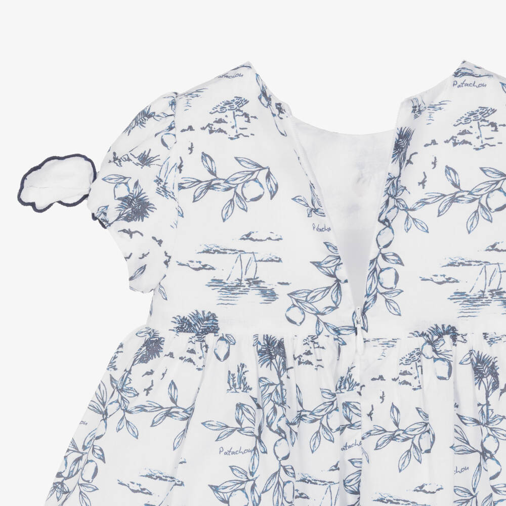 Patachou-Girls White Cotton Smocked Dress with Navy Blue Print | Childrensalon