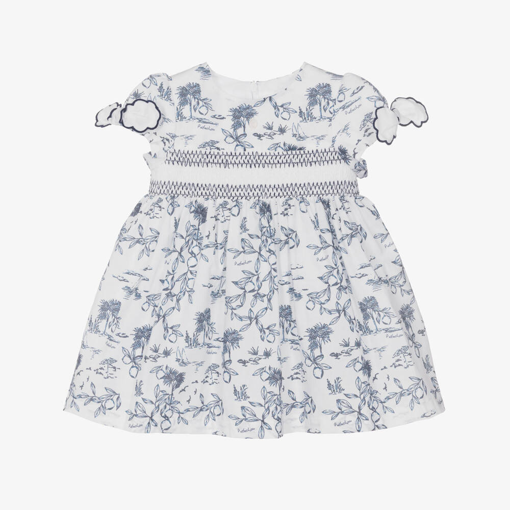 Patachou-Girls White Cotton Smocked Dress with Navy Blue Print | Childrensalon