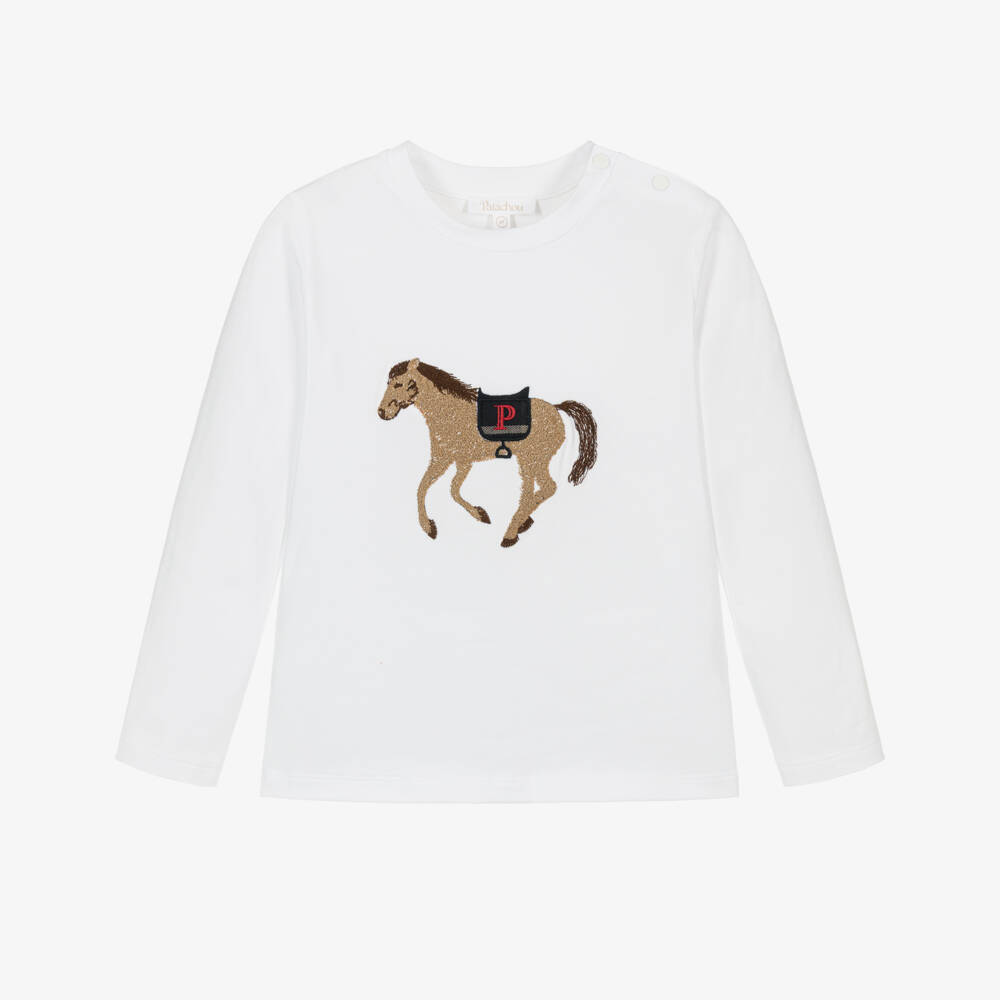 Patachou-Girls White Cotton Top with Embroidered Horse | Childrensalon