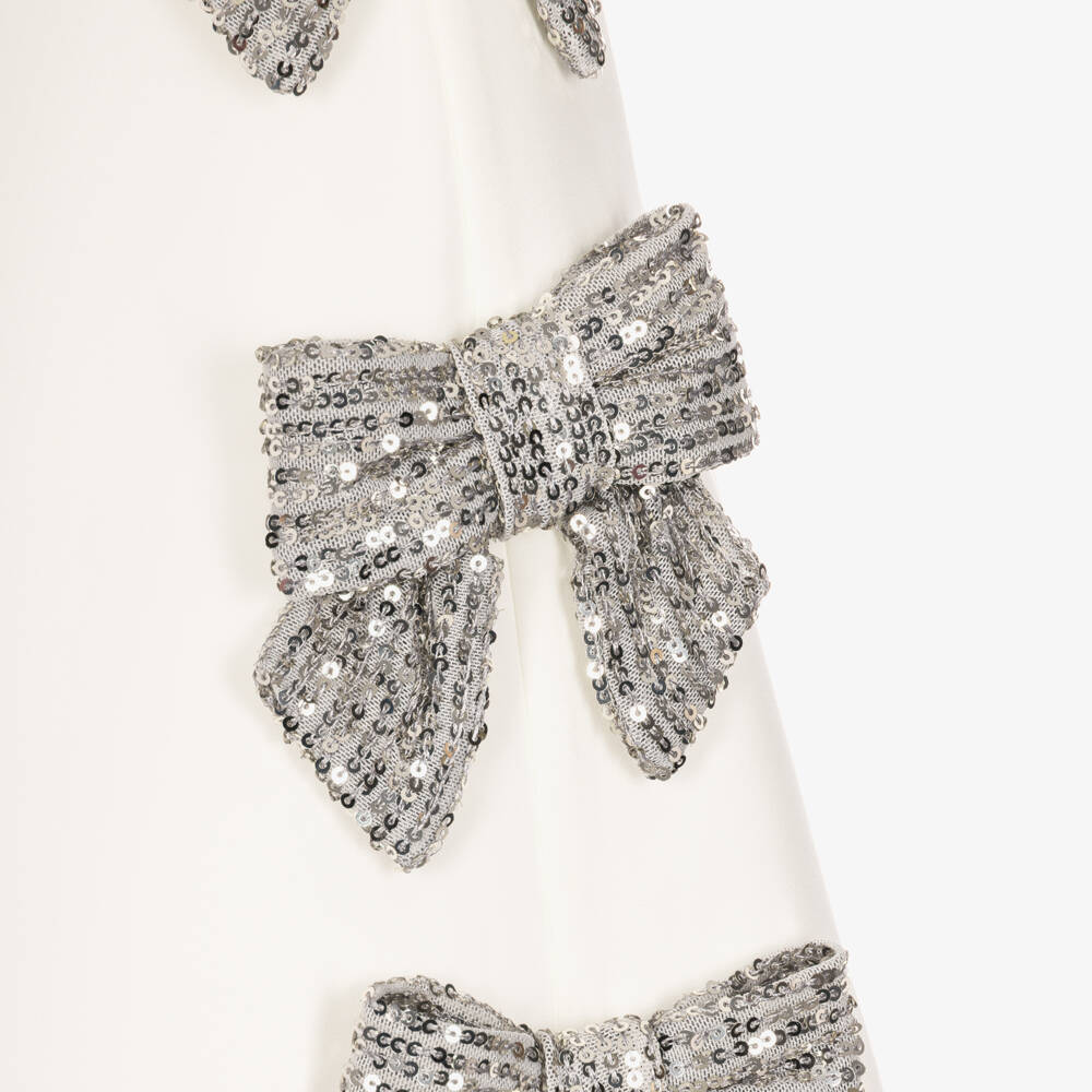 Patachou-Girls White Crêpe Dress with Sparkly Silver Bows | Childrensalon