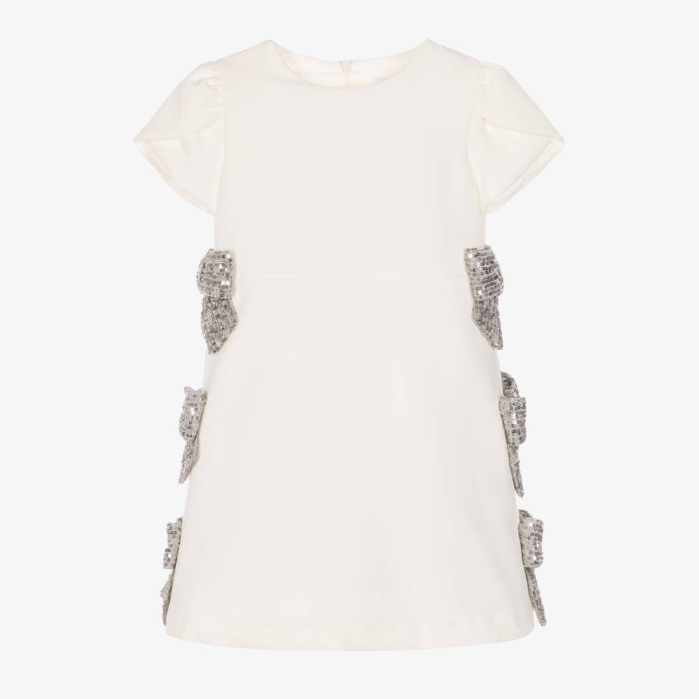 Patachou-Girls White Crêpe Dress with Sparkly Silver Bows | Childrensalon
