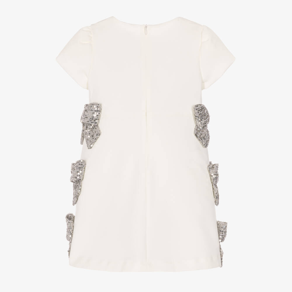 Patachou-Girls White Crêpe Dress with Sparkly Silver Bows | Childrensalon