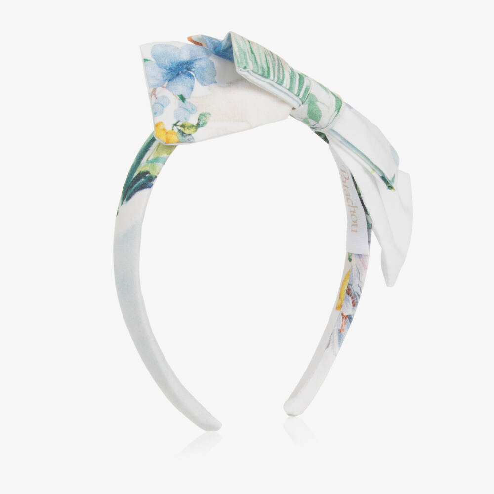 Patachou-Girls White Floral Print Bow Hairband | Childrensalon