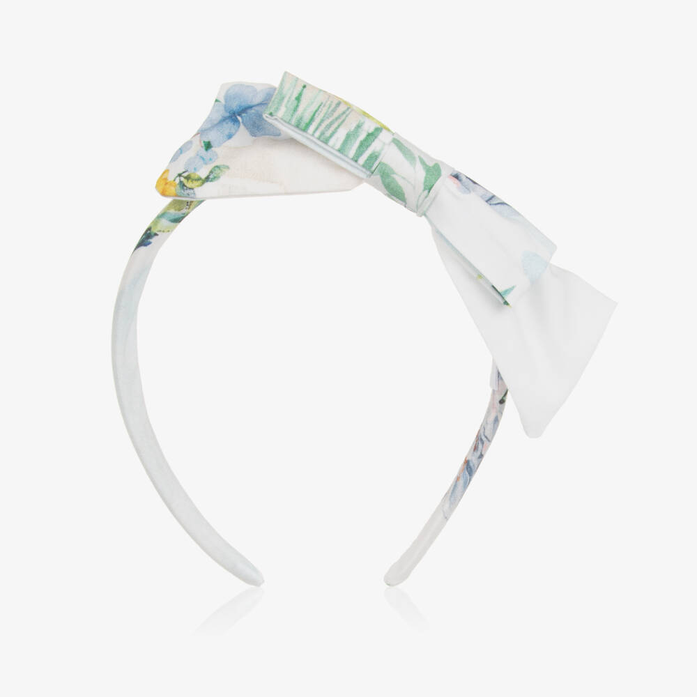 Patachou-Girls White Floral Print Bow Hairband | Childrensalon