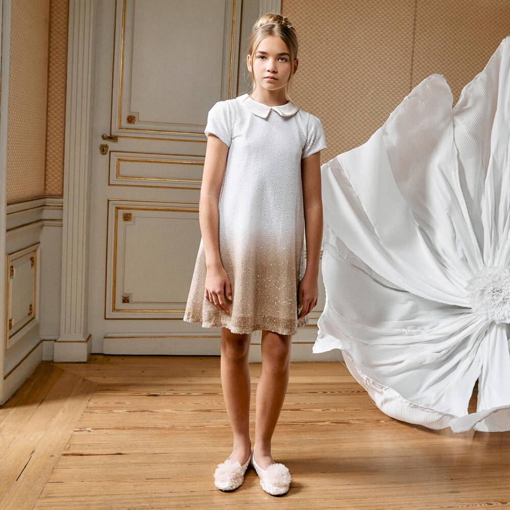 Patachou-Girls White & Gold Ombré Sequin Dress | Childrensalon