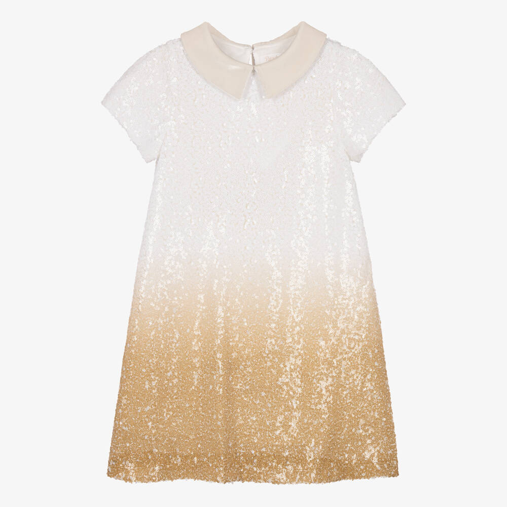 Patachou-Girls White & Gold Ombré Sequin Dress | Childrensalon