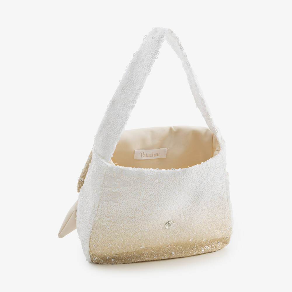 Patachou-Girls White & Gold Ombré Sequin Handbag with Bow (19cm) | Childrensalon