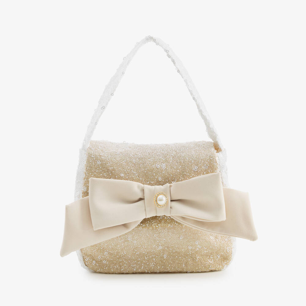 Patachou-Girls White & Gold Ombré Sequin Handbag with Bow (19cm) | Childrensalon